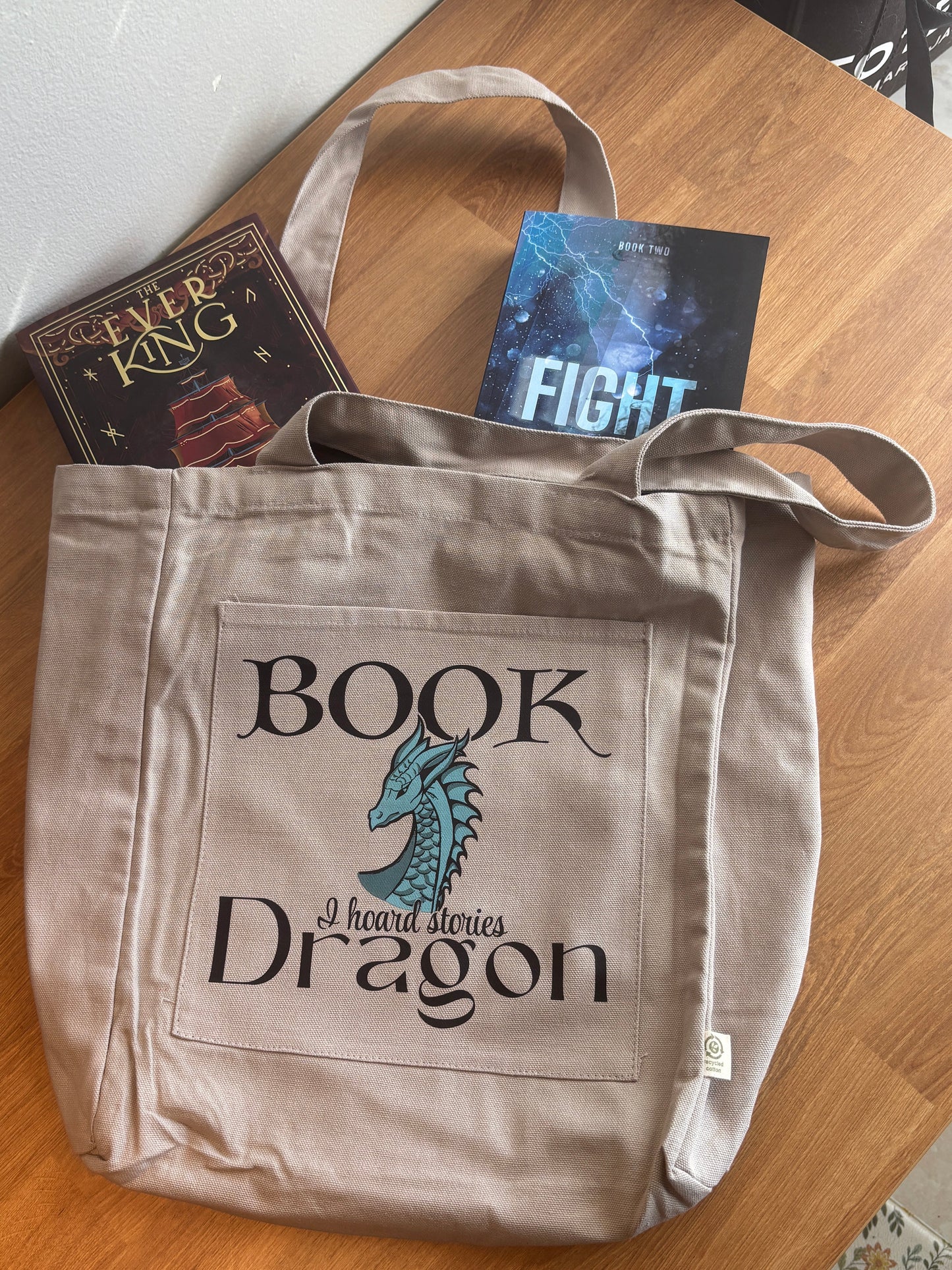 Book Dragon Recycled Cotton Tote Bag(With pockets!)