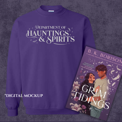 Grim Tidings crewneck “Darcy’s Version” faded grey on plum