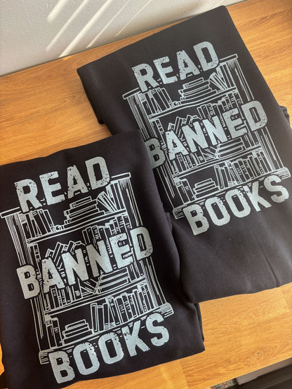 Read Banned Books Sweatshirt on Midnight (Immigrant Defense Fund Charity Item)