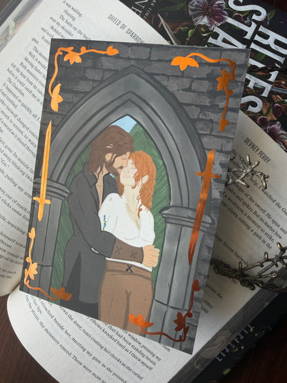 Illustration of a couple embracing in a window on top of a book