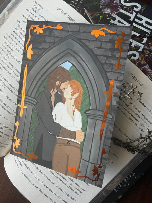 Illustration of a couple embracing in a window on top of a book