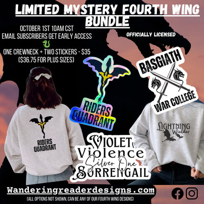 Officially Licensed FOURTH WING Mystery BUNDLE Crewneck + Two Stickers